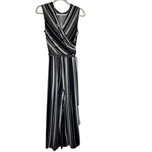 Emma & Michele Sleeveless Wide Leg Jumpsuit Navy White Striped Wrap V-Neck Small
